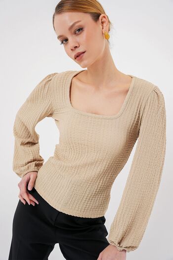 Hiccup Bdart Textured Square Neck Long Sleeve Blouse