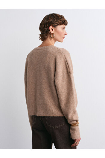 Dilvin 10645 V-Neck Soft Textured Knitwear Sweater-O.Beige Mel.