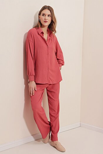 Hiccup Bdart Buttoned Collar Textured Detailed Long Sleeve Knitwear Set