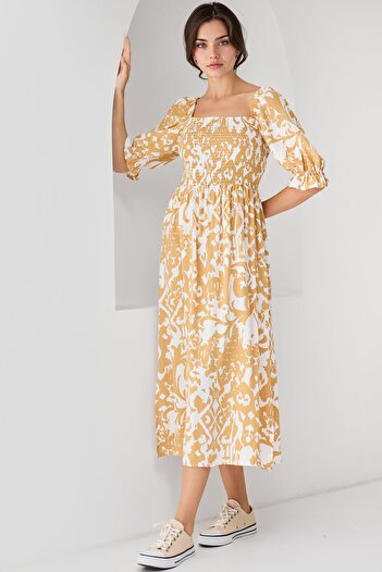 Hiccup Bdart Floral Midi Dress with Square Neckline and Slit
