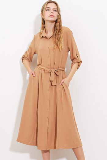Hiccup Bdart Textured Midi Dress with Shirt Collar and Char Bow