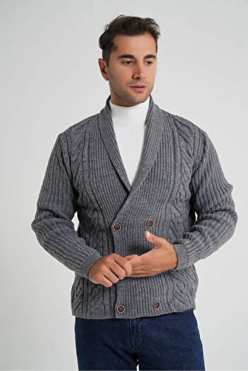 Trist Star Men's Dark Gray Shawl Collar Six Button Double Breasted Wool Coat Cardigan Trist-5353