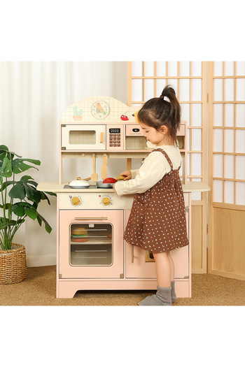 LITTLE ANGEL - Kids Realistic Wooden Kitchen Pretend Play Interactive Set - Pink