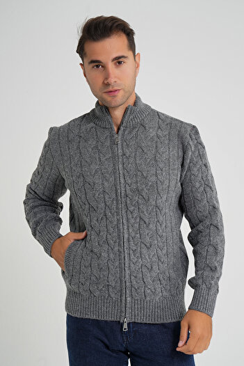 Trist Star Men's Dark Gray Pocketed Back Sleeve Ribbed Walk Hair Braided Stand Collar Wool Cardigan Trist-5357