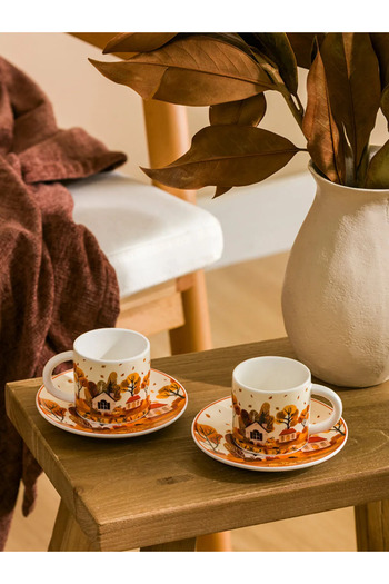 LC Waikiki Lcw Home Brown Printed Porcelain Coffee Cup Set for 2 People 90 ml