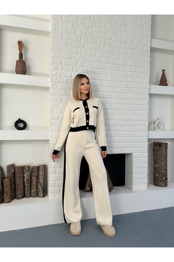 orjinal blue b Κρεμ Singa Garnished Stripe Detail Μακρυμάνικο Crop-παντελόνι Πλεκτό Βαμβακερό γυναικείο σετ