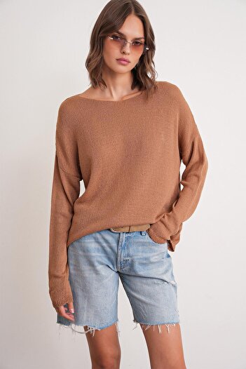 Mixray 6933 Women's Boat Neck Thin Seasonal Knitwear Sweater Camel