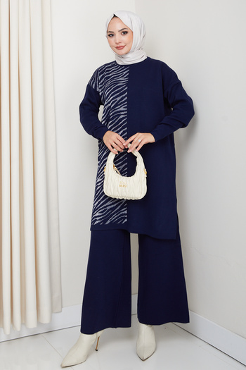 FERHEL Half Zebra Detailed Comfortable Fit Women's Tunic and Pants Hijab Knitwear Set