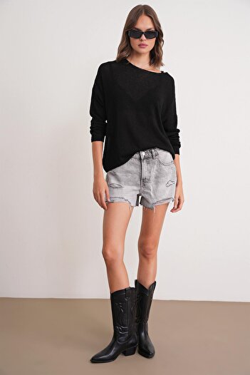 Mixray 6933 Women's Boat Neck Slim Seasonal Knitwear Sweater Black