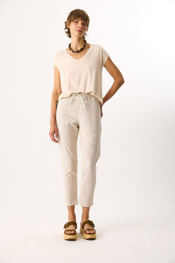 VENA Alian Beli Elastic Waist Striped Textured Trousers - Beige Striped