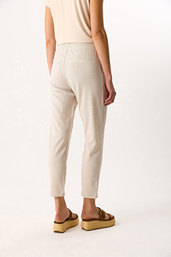 VENA Alian Beli Elastic Waist Striped Textured Trousers - Beige Striped