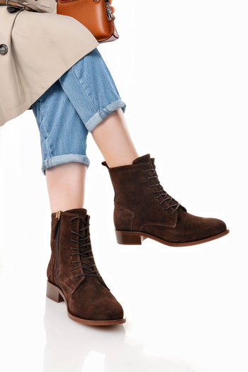 NOSEY SHOES Μοντέλο Oslo Γνήσιο δέρμα καφέ μπότες με κορδόνια και φερμουάρ στο πλάι Γυναικείες μπότες καθημερινά