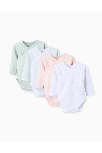 Ziddy Pack of 4 Cotton Wrapover Bodysuits for Baby Girls 'Flowers', White/Green/Pink
