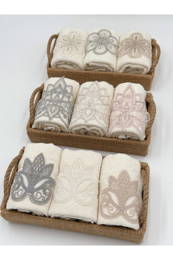 AYHANHOME 3 Pack Wicker Basket with Guipure Lace Dowry Gift 30X50 Kitchen Towel Set