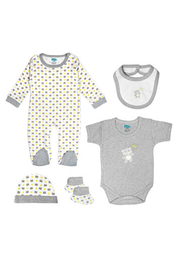 Babies Basic 5 piece Unisex 100% Cotton Sets include Bib, Romper, Mittens, Cap and Sleepsuit/Jumpsuit