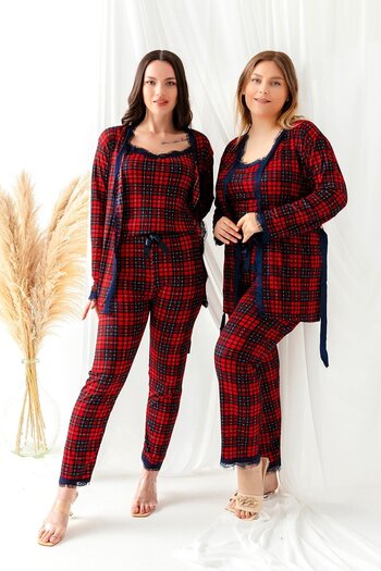 BEEMU Large Size Pegasus Women's Pajamas Set with Lace Detail with Dressing Gown - Dowry Set