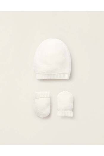 Ziddy Knit Set Beanie + Gloves for Newborns, White