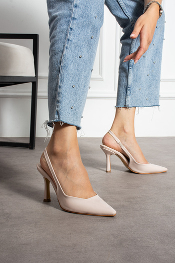 Güllü Shoes Cream Patent Leather Slingback Thin Heeled Shoes Women's Pointed Toe Stylish Daily Office Evening Dress Model