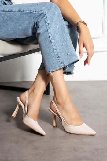 Güllü Shoes Cream Patent Leather Slingback Thin Heeled Shoes Women's Pointed Toe Stylish Daily Office Evening Dress Model
