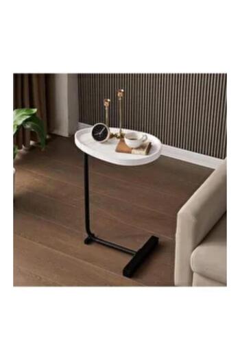 Crestj Modern Coffee Table | C-Shaped Side Table with White Marble Top and Black Metal Legs