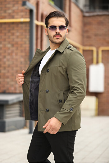 Mero Life Men's Khaki Seasonal Lined Belted Double-Breasted Trench Coat