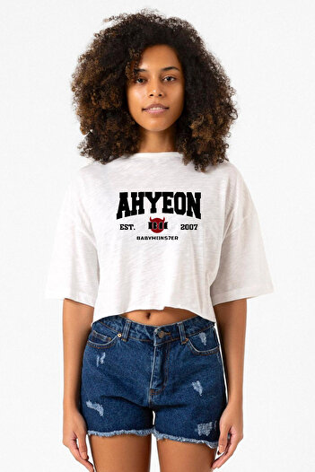 Tshirthane Ahyeon Babymonster Est White and Gray Women's Crop Tshirt