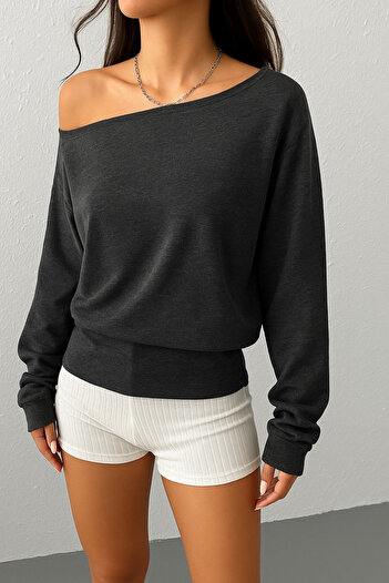 Machetta Women's Dark Gray Shoulder Pleated Detailed Boat Neck New Season Sweatshirt