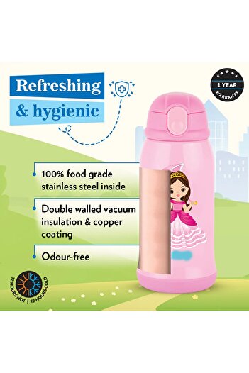 Borosil Princess Kids Sipper Water Bottle 500ml, Stainless Steel, Hot & Cold 12 Hrs, Straw & Carry Bag-Pink