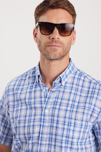 Tudors Men's Regular Fit Classic Cut 100% Cotton Linen Texture Pocket Checked Short Sleeve Buttoned Collar Shirt