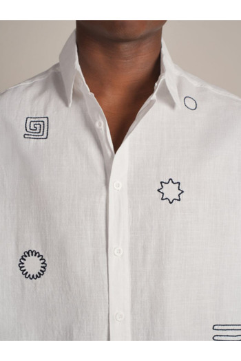 Chirkef White Stitching Printed Linen Long Sleeve Shirt Gmlk