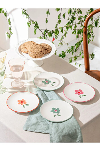 LC Waikiki Lcw Home Mixed Flower Printed Ceramic Cake Plate Set of 4 16 cm