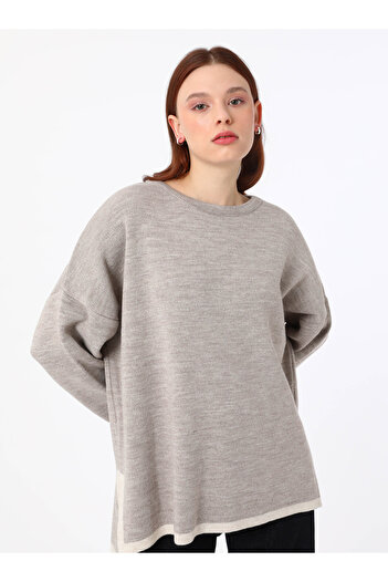 Refka Contrast Hem Detailed Crew Neck Knitwear Sweater - Mink -