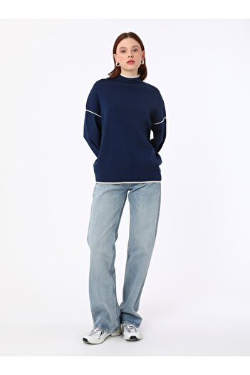 Refka Contrast Stripe Detailed Soft Buttoned Turtleneck Sweater - Navy Blue -