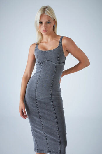 Cool & Sexy Women's Anthracite Back Zipper Midi Dress Tss104