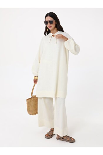 Refka Tunic Pants Double Set with Tie Collar Detail - Ecru -