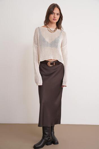 Mixray 6864 Women's Openwork Mesh Seasonal Knitwear Sweater Bone