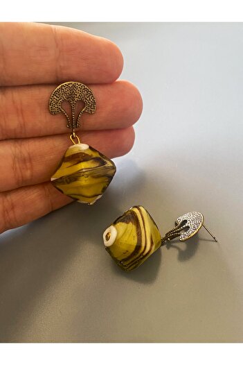 dela otantik Handmade Yellow Brown Big Dangle Earrings - Authentic Vintage Bohemian Bijouterie Jewelry