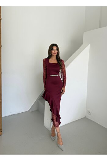 1Moda1Tarz Special Design Lined Midi Dress with Imported Fabric, Stone Belt and Lace Embroidered Scarf Detail