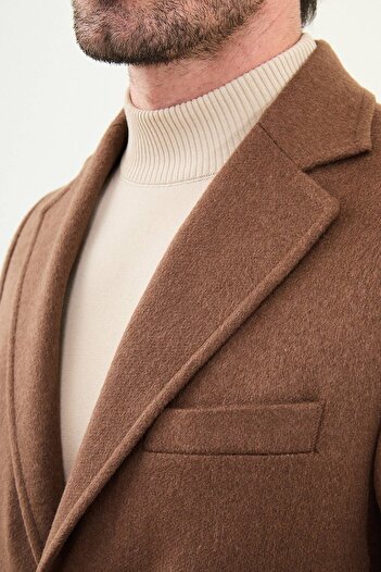 Mcr Straight Slim Fit Mono Collar Classic Wool Men's Coat Camel - 21331.25K