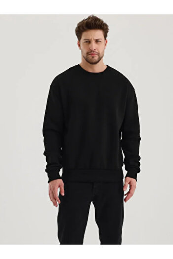 Boi Unisex 2-Ply Cotton Thick Winter Black Fleece Inside Combed Cotton Fabric Basic Oversize Sweatshirt Crew Neck