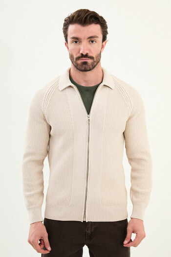 Mcr Patterned Slim Fit Zippered Shirt Collar Cotton Men's Knitwear Jacket Beige - 11243.25K