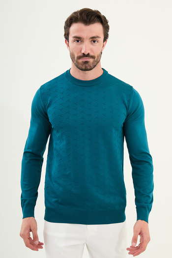 Mcr Patterned Slim Fit Crew Neck Men's Knitwear Sweater Petrol - 11566.25K