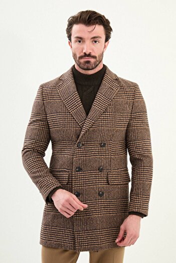 Mcr Plaid Slim Fit Wide Collar Double Breasted Wool Men's Coat Camel - 21328.25K