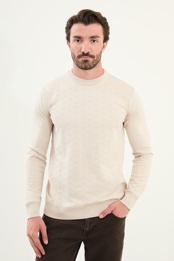 Mcr Patterned Slim Fit Crew Neck Men's Knitwear Sweater Stone - 11566.25K