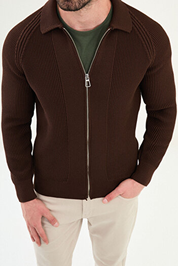 Mcr Patterned Slim Fit Zippered Shirt Collar Cotton Men's Knitwear Jacket Brown - 11243.25K