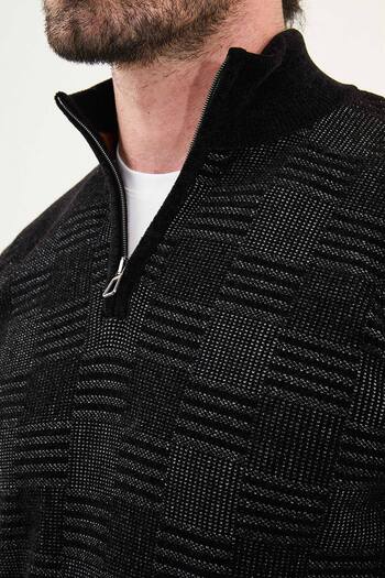 Mcr Patterned Slim Fit Zippered Half Turtleneck Chenille Fabric Men's Knitwear Sweater Black - 11553.25K