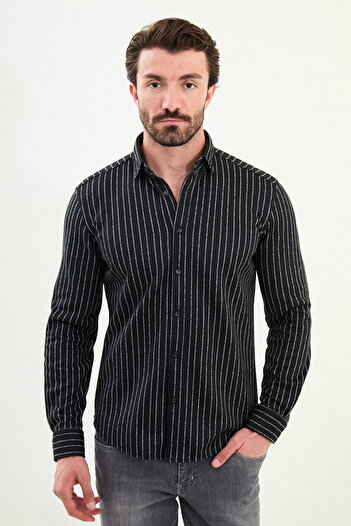 Mcr Cămașă pentru bărbați din lână, slim fit, cu dungi, neagră - 27091.25K