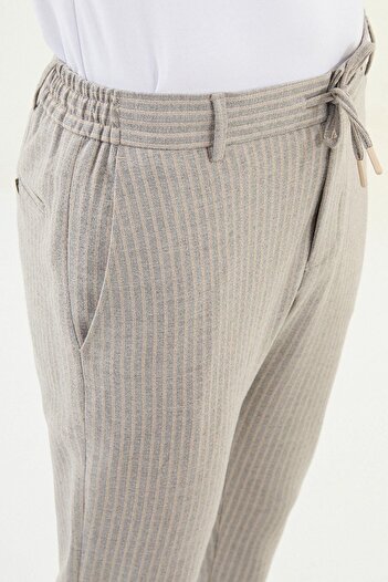 Mcr Striped Super Slim Fit Elastic Waist Drawstring Cotton Men's Trousers Beige - 38324.25K