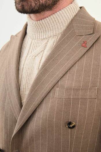 Mcr Striped Slim Fit Wide Collar Double Breasted Men's Suit Beige - 45409.25K