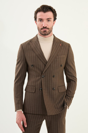 Mcr Striped Slim Fit Wide Collar Double Breasted Men's Suit Coffee - 45409.25K